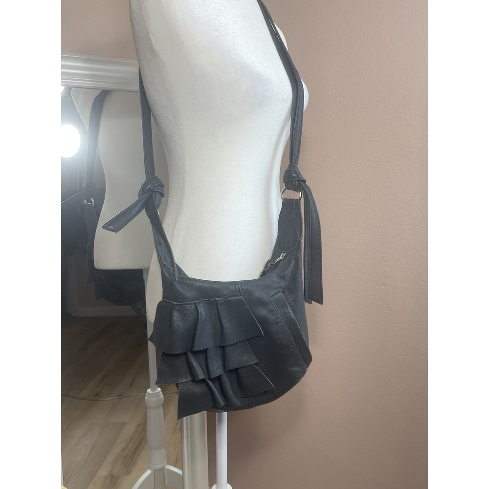 Jola V Designs‎ Black Leather Ruffle Crossbody Bag Boho Slouchy Shoulder Purse
